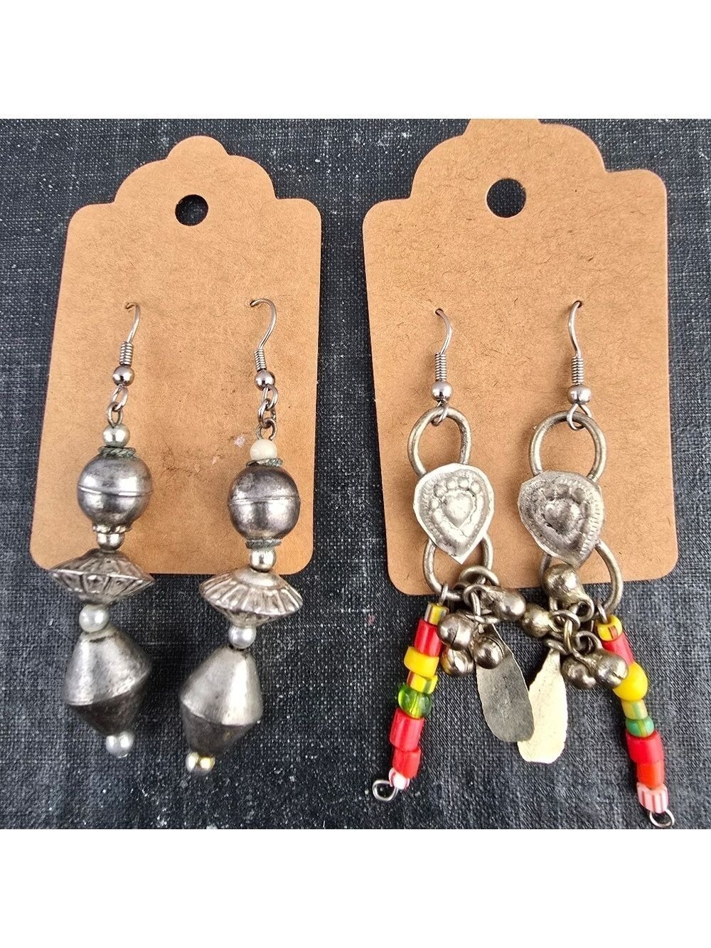 Two Pair Silver Beaded Boho Drop Earrings